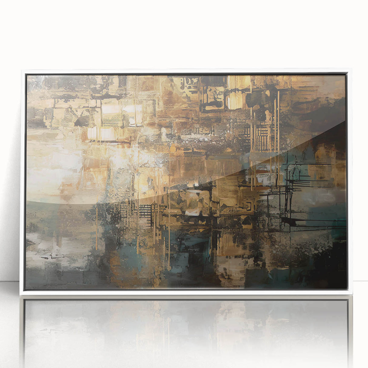 Abstract wall art featuring dynamic strokes and lines in vibrant colors, framed in white acrylic, adding a modern touch to any decor.