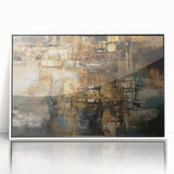 Abstract wall art featuring dynamic strokes and lines in vibrant colors, framed in white acrylic, adding a modern touch to any decor.