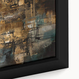 Close-up of a framed abstract wall art piece featuring vibrant strokes and lines in bold colors, perfect for modern home decor.