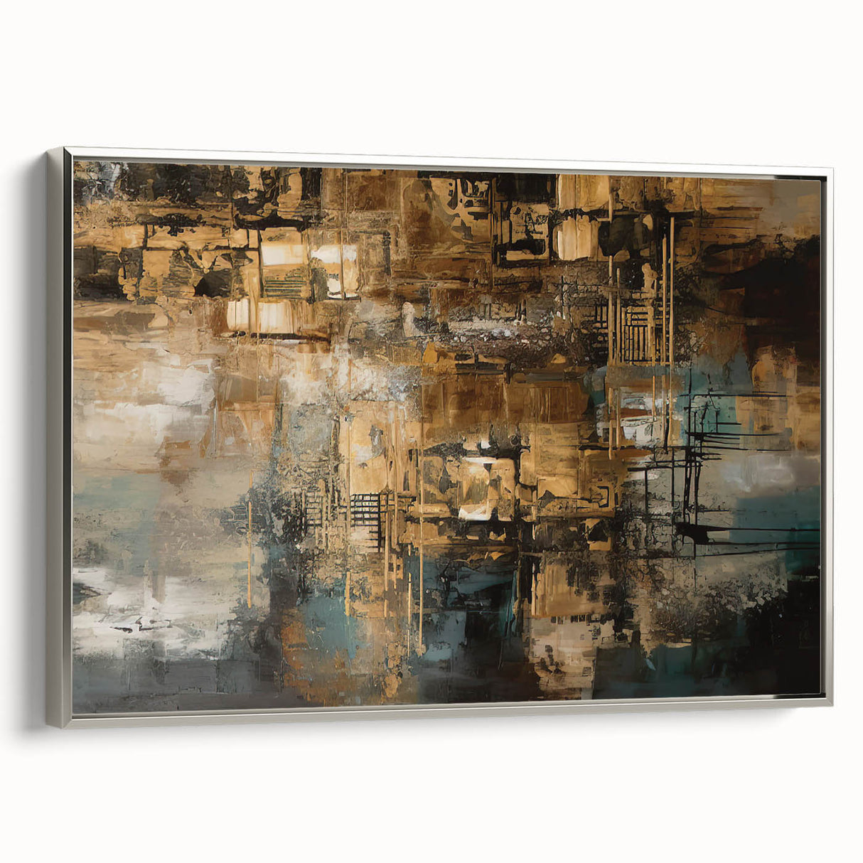 Framed abstract wall art showcasing dynamic strokes and lines in silver and gray hues, perfect for modern decor enhancement.