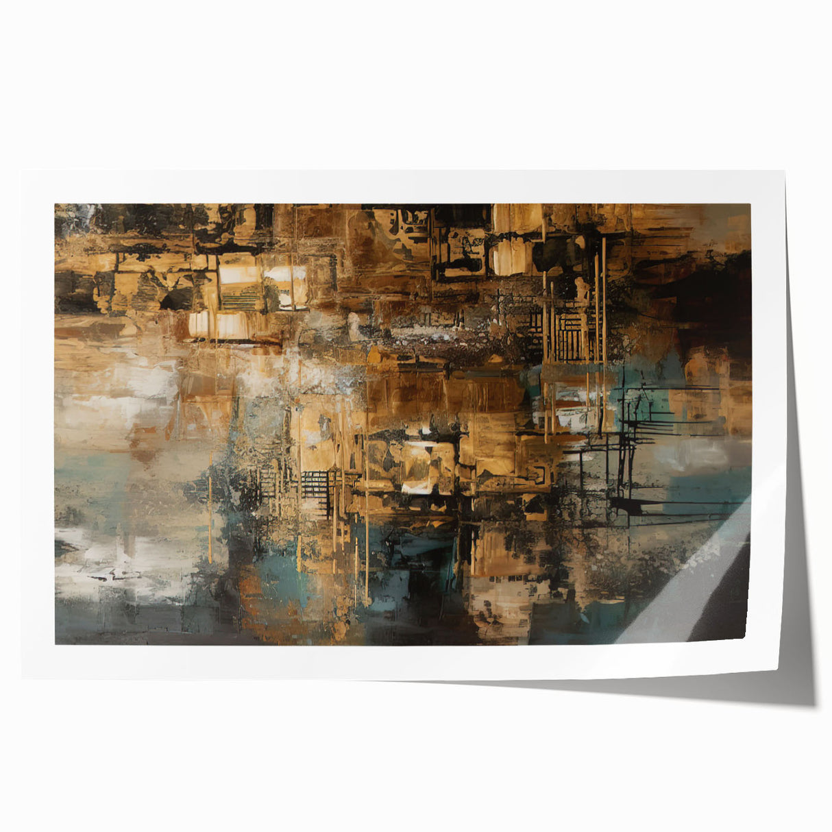 Abstract wall art print showcasing vibrant strokes and lines in blue, orange, and green, perfect for modern home decor and artistic accents.