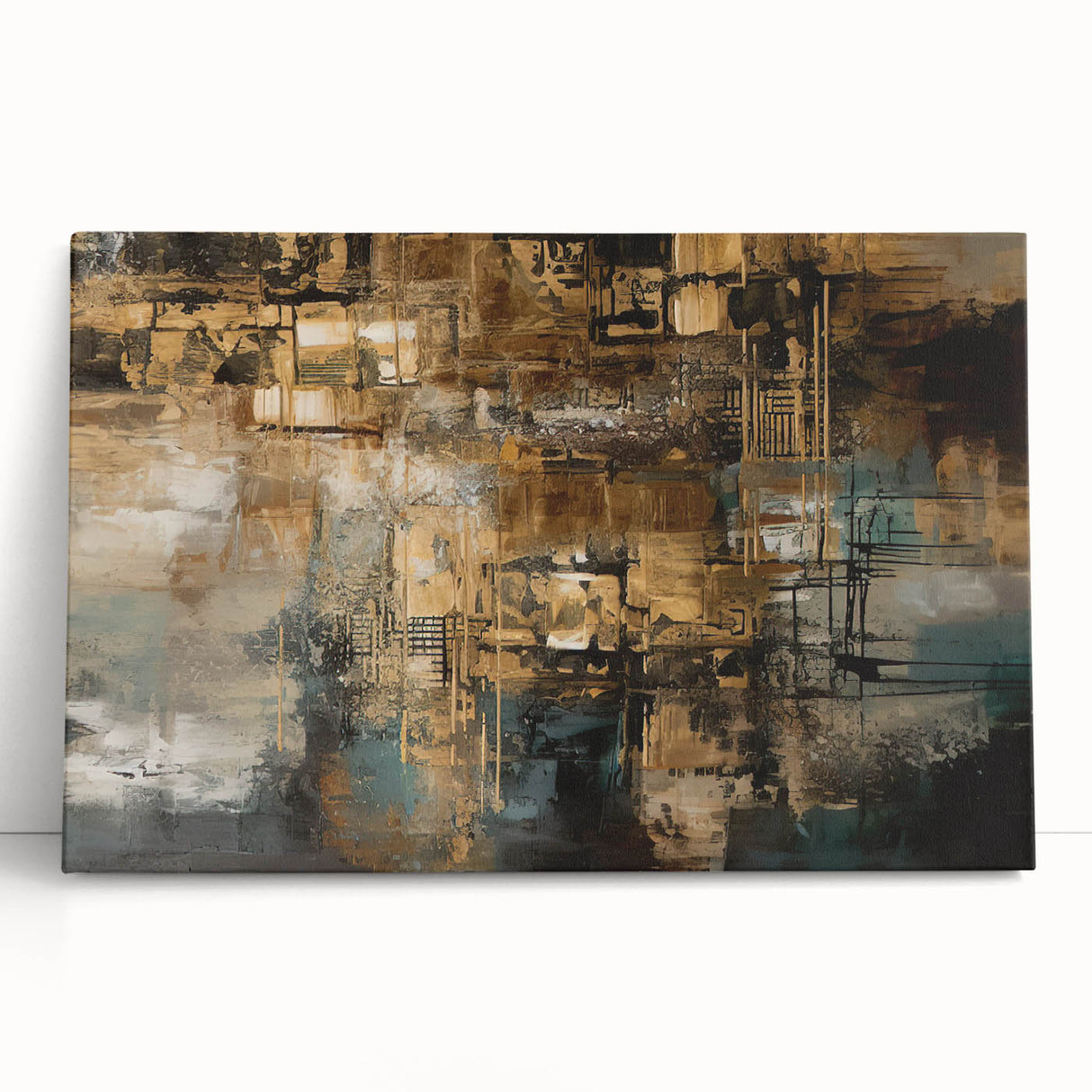 Abstract strokes and lines in vibrant colors create a modern wall art design on a stretched canvas, perfect for contemporary decor.