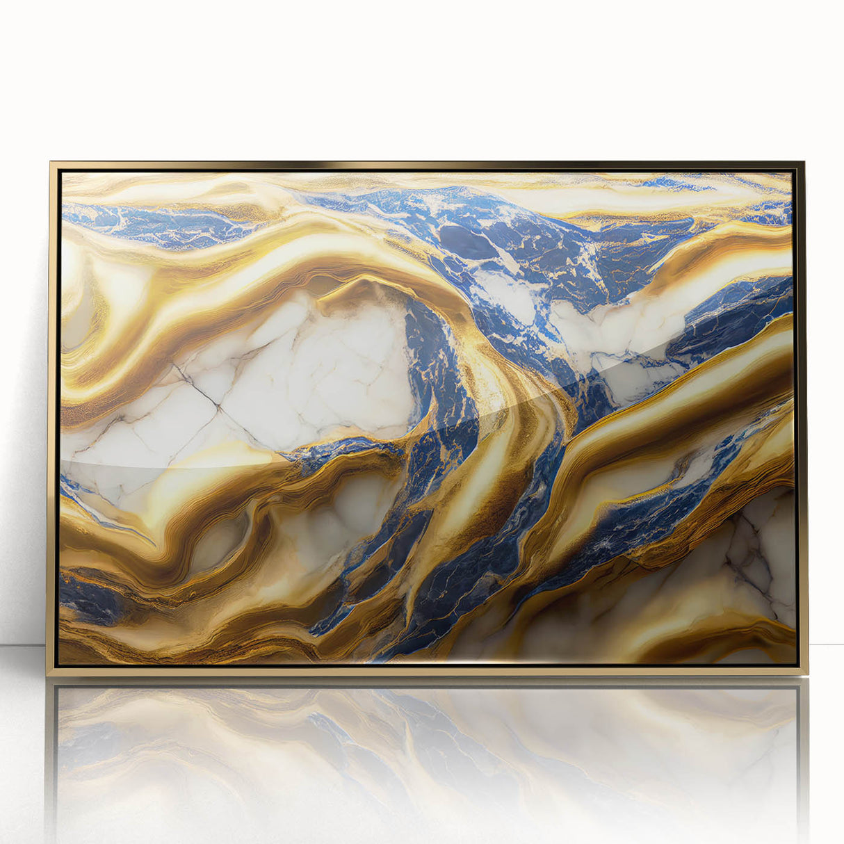 Framed abstract wall art featuring gold strokes and lines on a sleek acrylic background, designed to enhance modern interior decor.