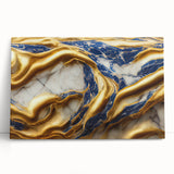 Abstract wall art design featuring vibrant strokes and lines in shades of blue, orange, and yellow on a stretched canvas, leaning against a neutral background, perfect for modern home decor.