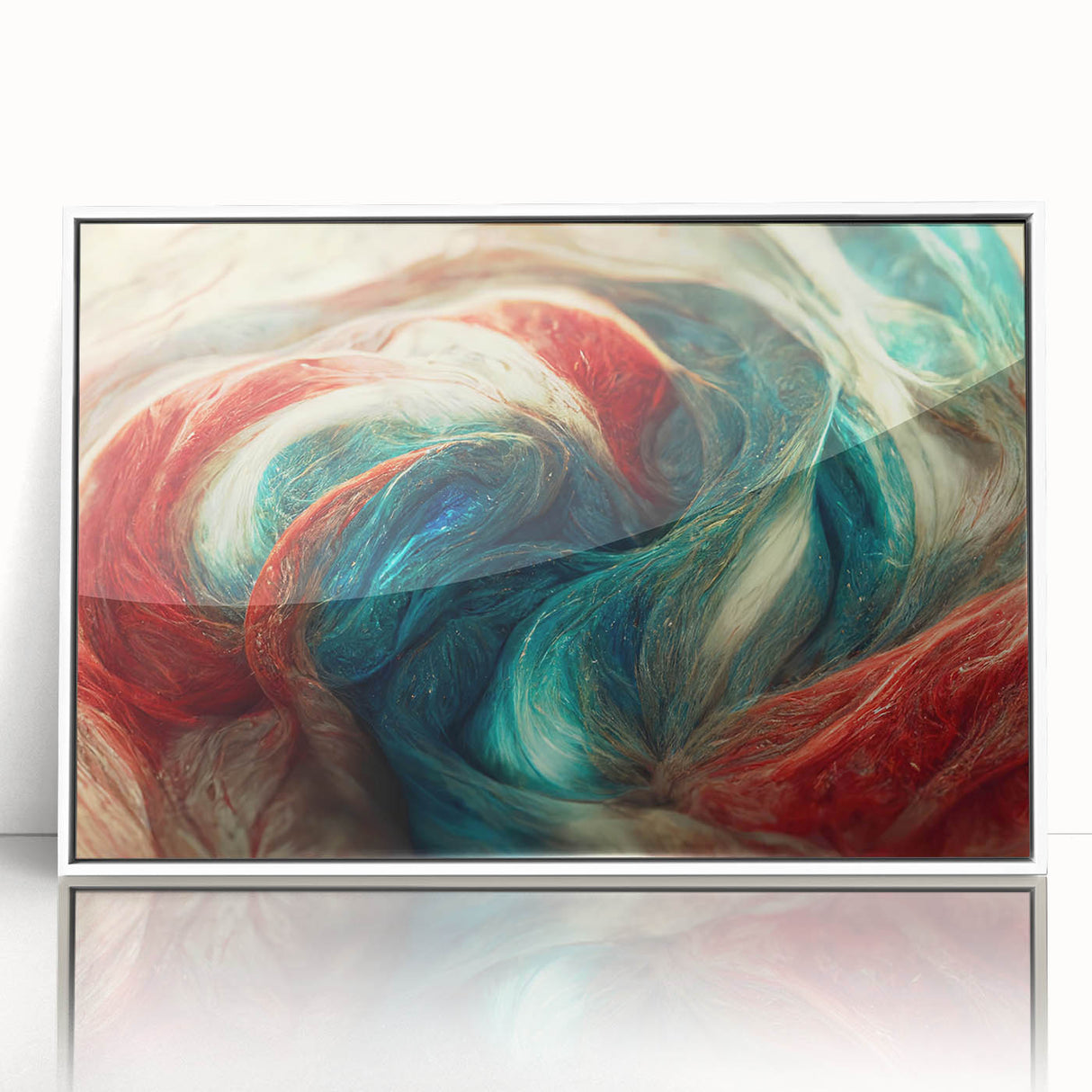 Framed wall art showcasing an abstract design with colorful strokes and lines, featuring a sleek white frame ideal for modern decor.