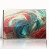 Framed wall art showcasing an abstract design with colorful strokes and lines, featuring a sleek white frame ideal for modern decor.