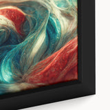 Close-up of framed abstract canvas wall art showcasing dynamic strokes and lines in vibrant colors, perfect for modern home decor.