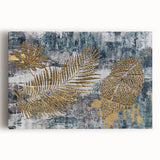 Abstract wall art featuring vibrant strokes and lines in shades of blue, orange, and yellow, showcased on a stretched canvas, perfect for modern decor.
