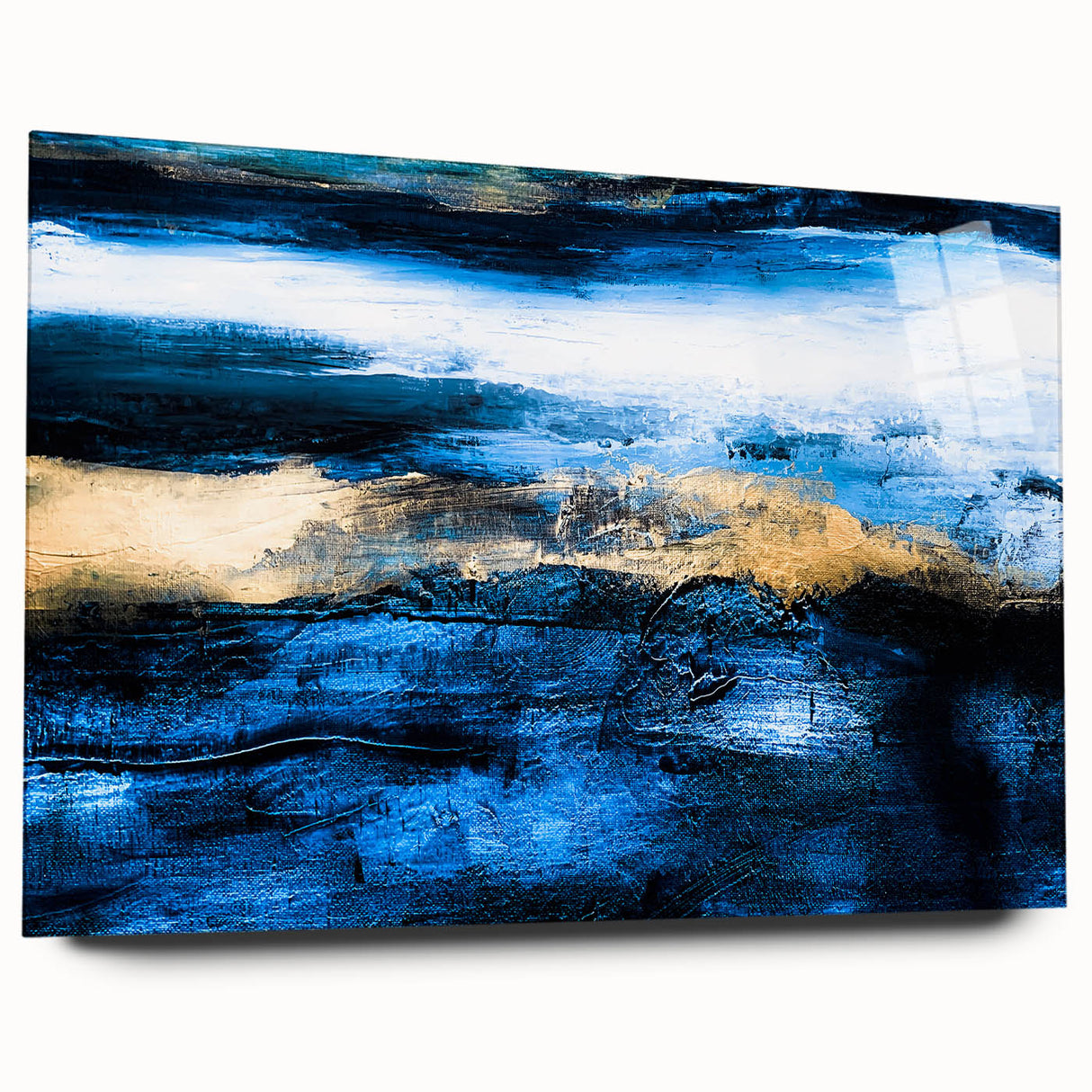 Abstract wall art featuring colorful strokes and lines on acrylic glass, showcasing a modern design ideal for contemporary home decor.