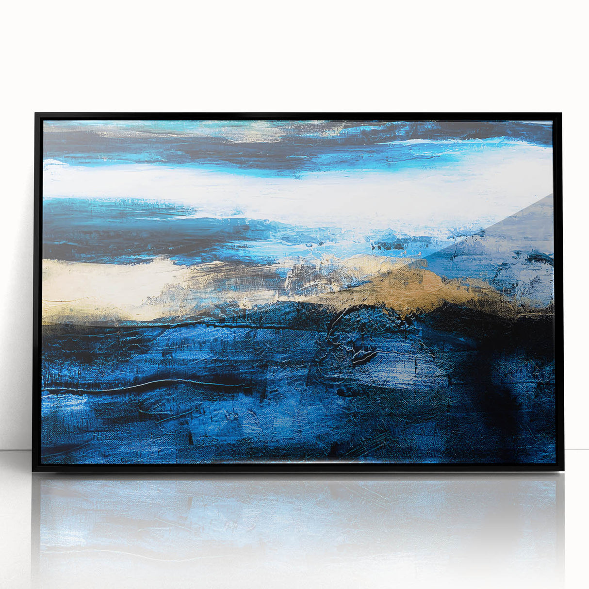 Framed abstract wall art featuring dynamic strokes and lines in vibrant colors, set against a sleek black frame, perfect for modern decor.