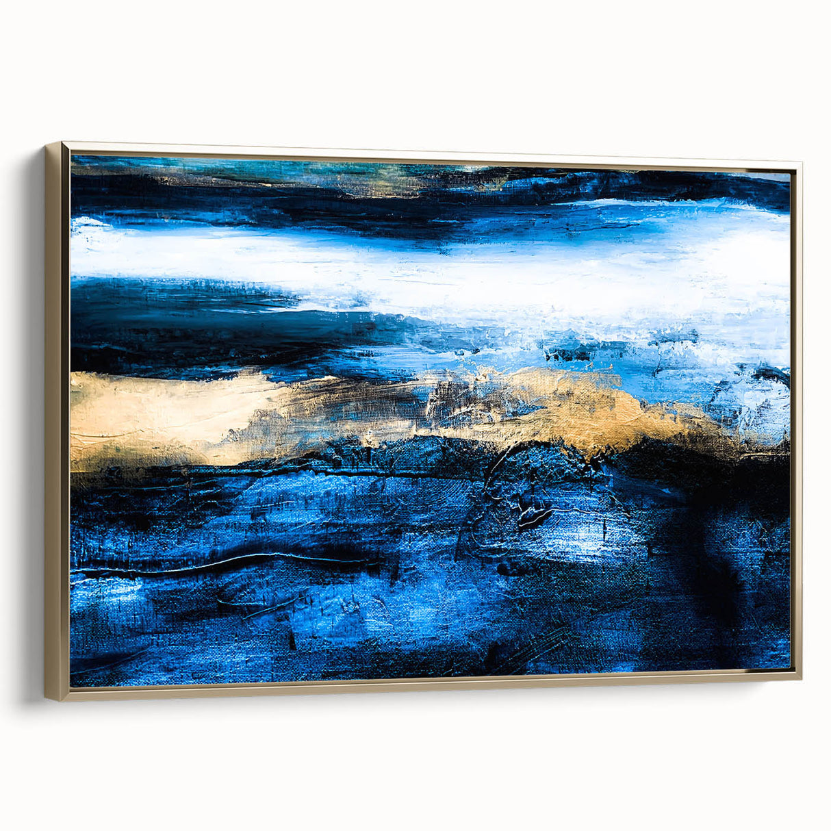 Framed wall art showcasing an abstract design of gold strokes and lines on canvas, set against a textured background for modern decor.