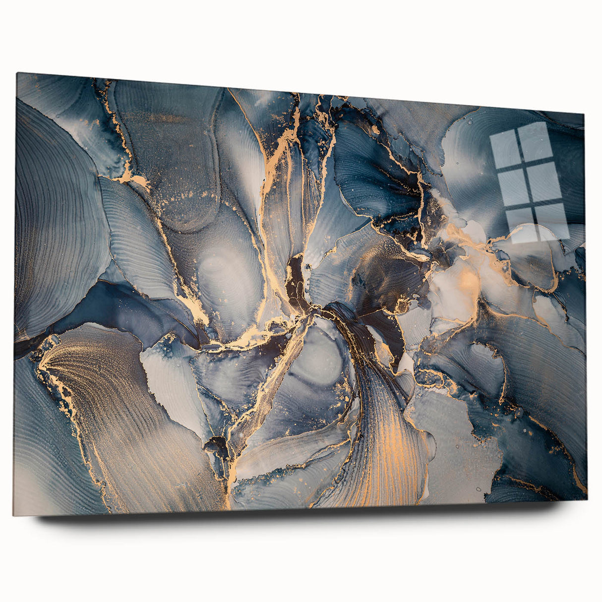 Abstract wall art design featuring dynamic strokes and lines in various colors, displayed in an acrylic glass frame, enhancing modern decor.