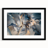 Abstract strokes and lines in muted colors create a modern wall art design, framed in black with a mat, perfect for contemporary decor.