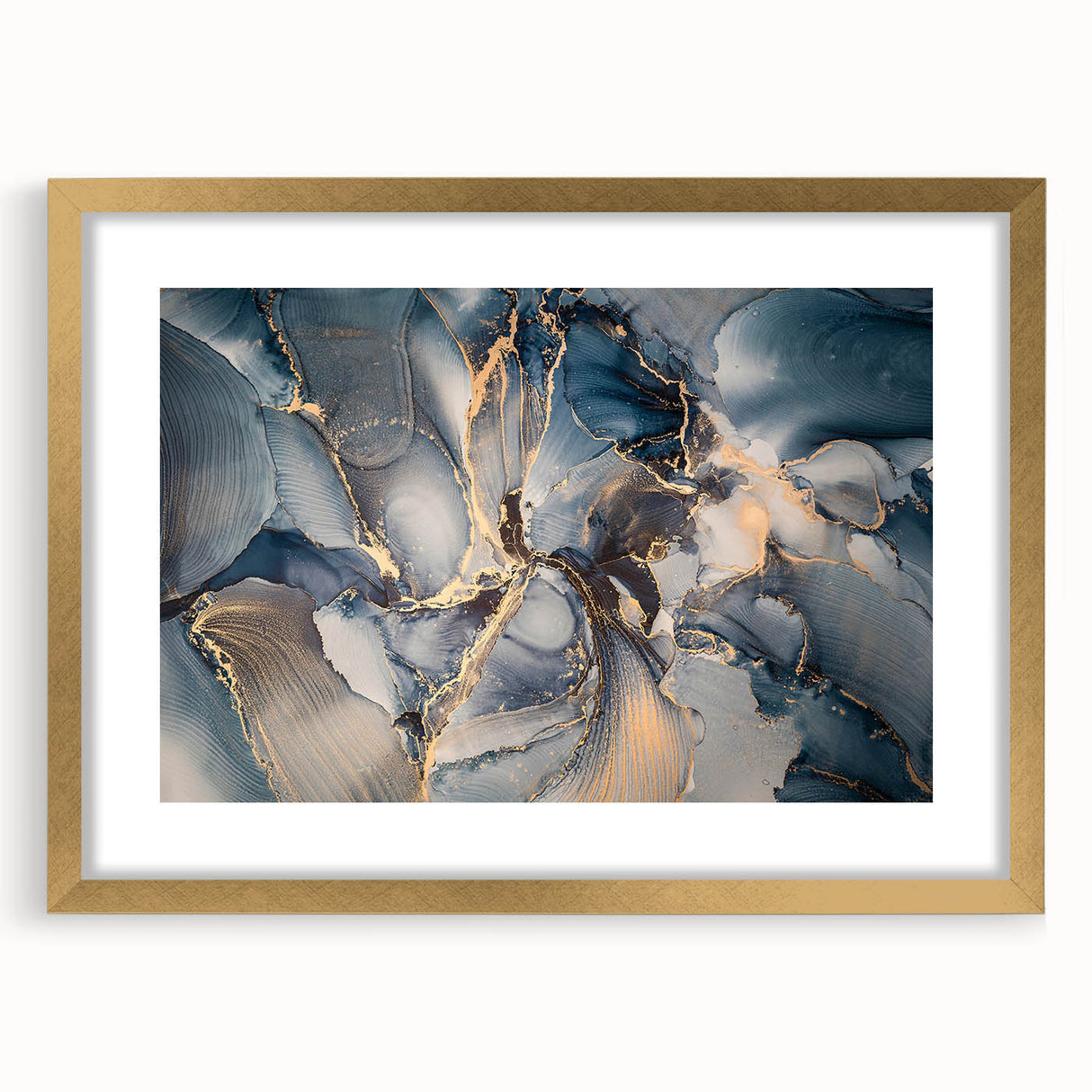 Abstract strokes and lines design framed wall art in gold, showcasing a modern aesthetic with a white mat, perfect for contemporary decor.