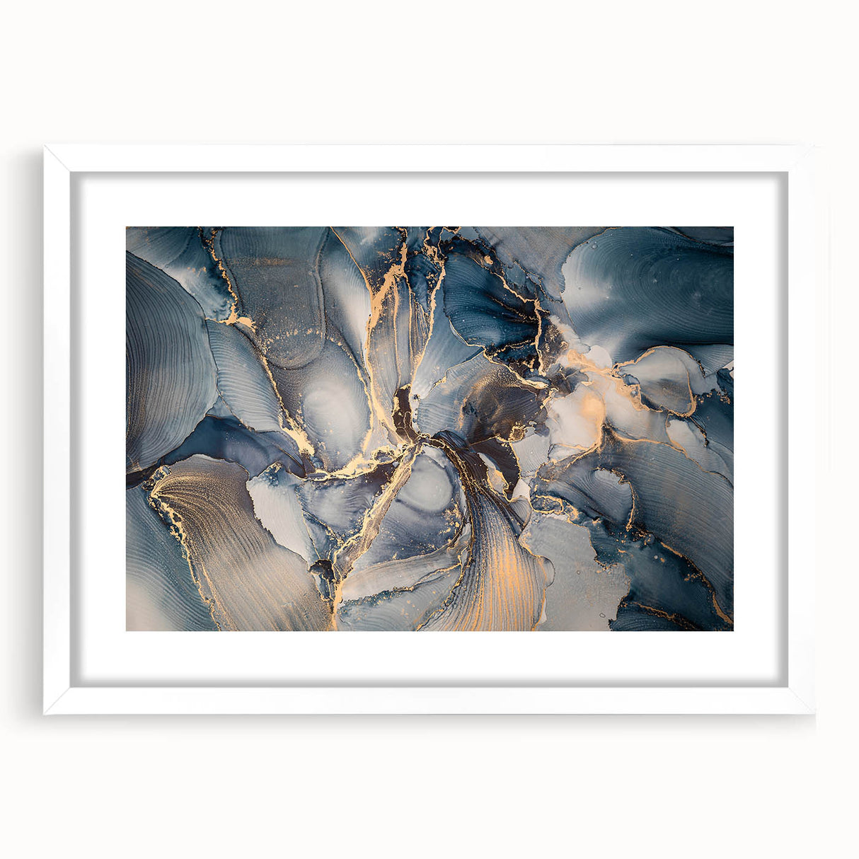 Abstract wall art print featuring colorful strokes and lines in a modern design, showcased in a white frame with a mat, ideal for contemporary decor.