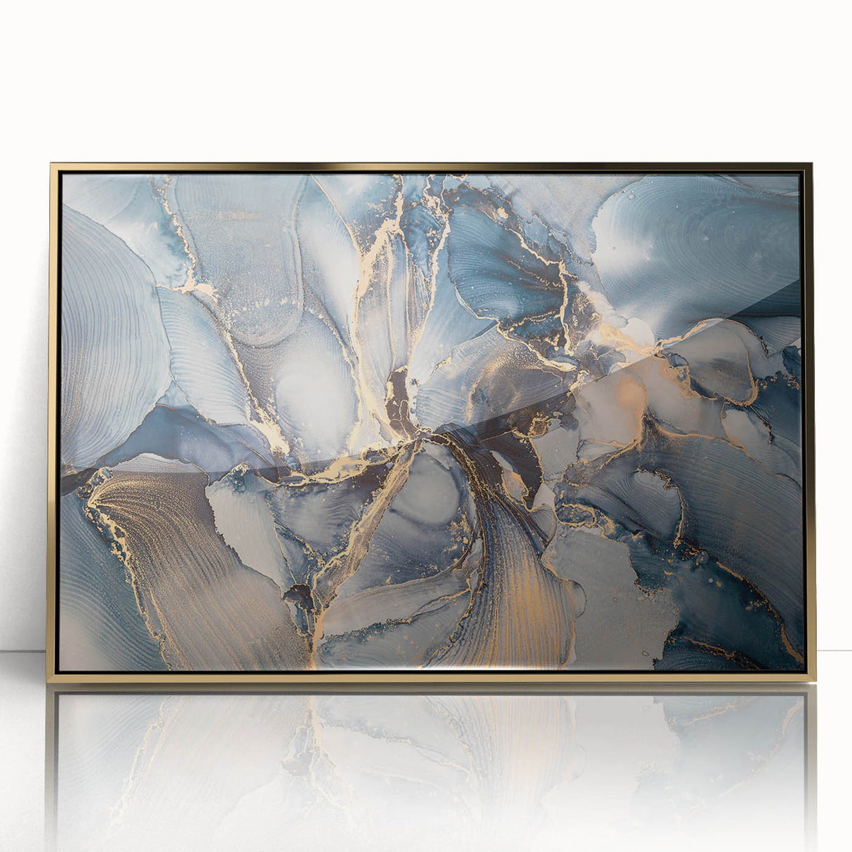 Framed wall art featuring an abstract design with colorful strokes and lines in gold and blue, perfect for modern home decor.