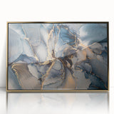 Framed wall art featuring an abstract design with colorful strokes and lines in gold and blue, perfect for modern home decor.