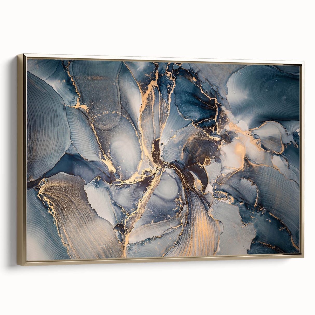 Framed wall art showcasing an abstract strokes and lines design in gold tones, highlighting modern elegance and artistic flair.