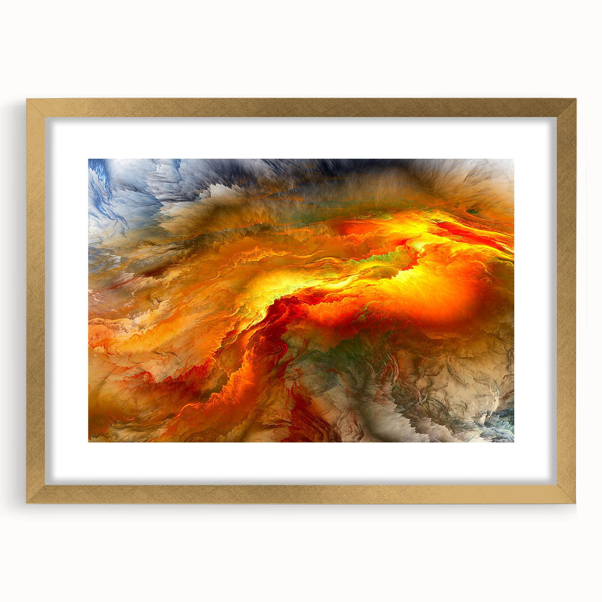 Framed abstract wall art featuring colorful strokes and lines in gold and neutral tones, perfect for modern home decor.