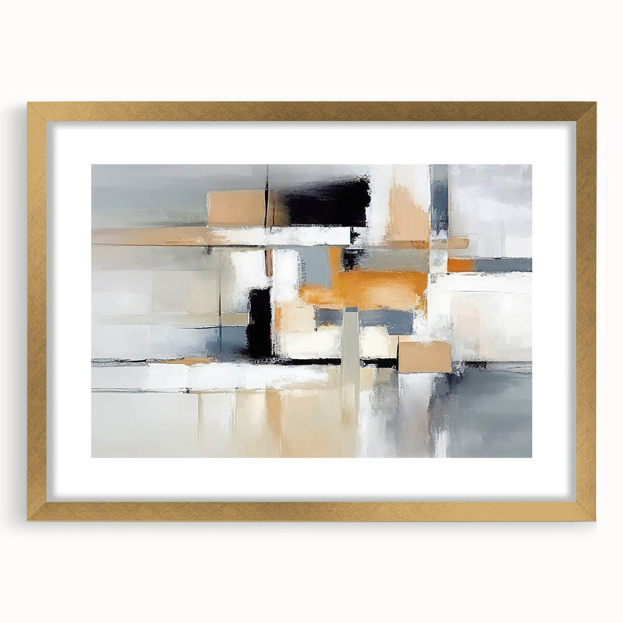 Abstract wall art featuring gold and black strokes and lines in a modern frame with matting, perfect for contemporary home decor.