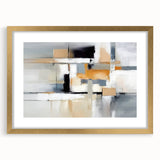 Abstract wall art featuring gold and black strokes and lines in a modern frame with matting, perfect for contemporary home decor.