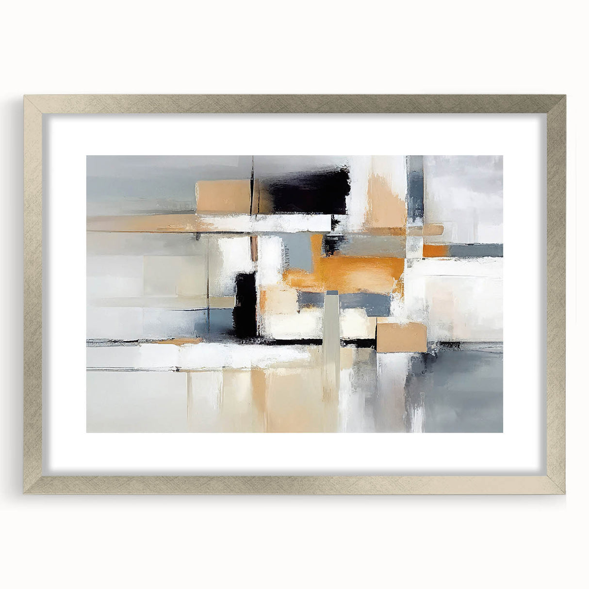 Abstract wall art featuring dynamic strokes and lines in vibrant colors, elegantly framed with a silver mat, perfect for modern decor.