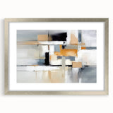 Abstract wall art featuring dynamic strokes and lines in vibrant colors, elegantly framed with a silver mat, perfect for modern decor.