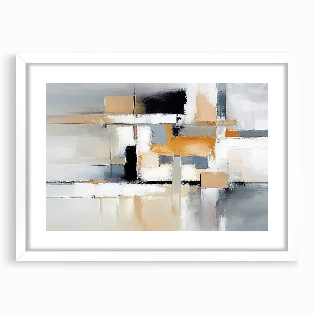 Framed abstract wall art featuring dynamic strokes and lines in soft pastel colors, enhanced by a white mat for a modern aesthetic.