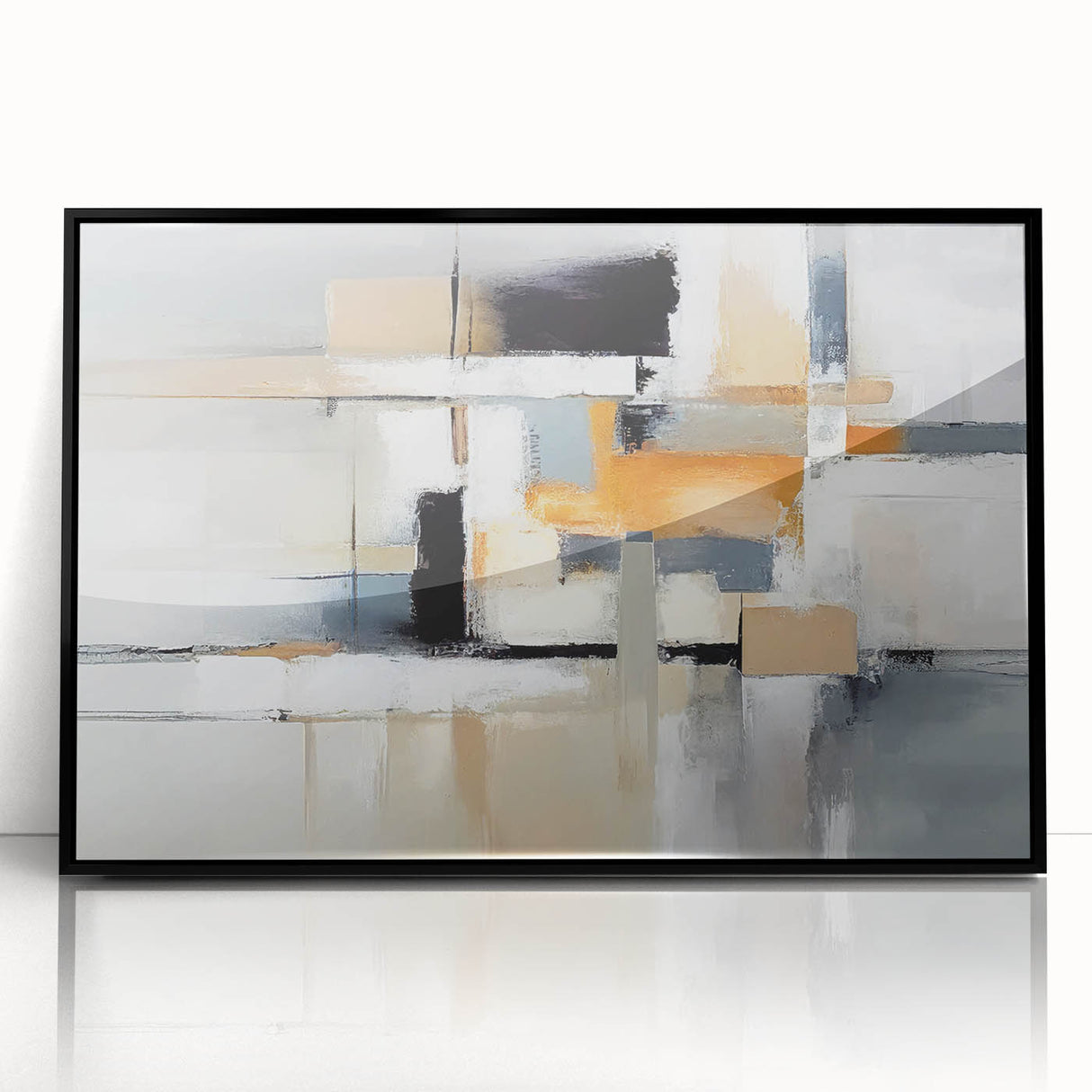 Framed wall art featuring an abstract design of colorful strokes and lines in a black frame, adding a modern touch to any decor.