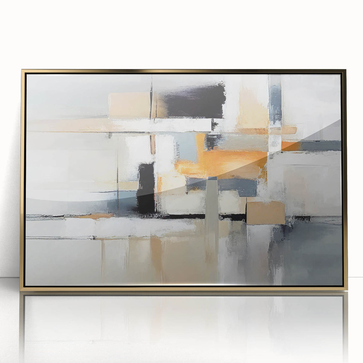 Framed abstract wall art featuring vibrant strokes and lines in gold, black, and white, perfect for modern home decor.