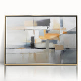 Framed abstract wall art featuring vibrant strokes and lines in gold, black, and white, perfect for modern home decor.