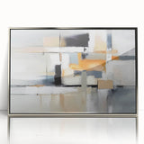 Framed abstract wall art featuring elegant strokes and lines in silver and white, ideal for modern home decor and artistic accents.
