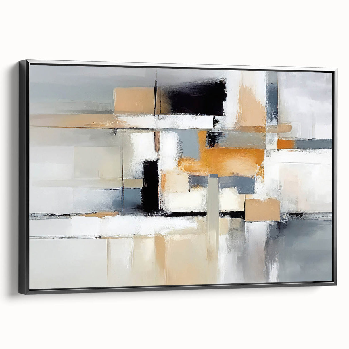 Framed abstract wall art showcasing dynamic strokes and lines in black and white, set against a sleek black frame, enhancing modern decor.