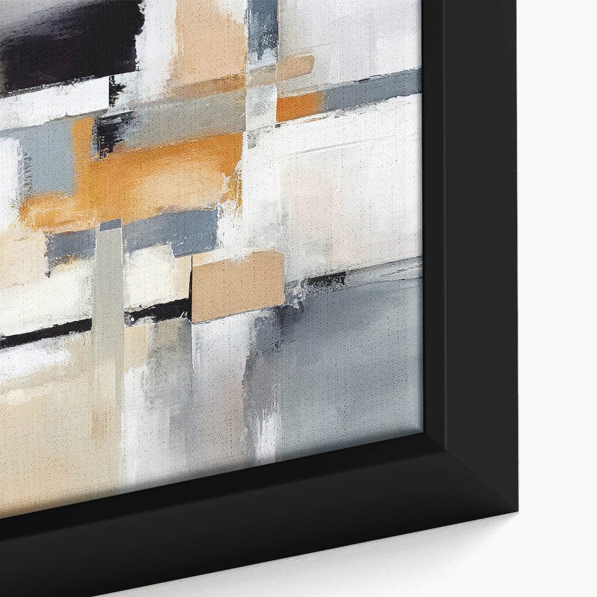 Close-up of abstract wall art featuring colorful strokes and lines on a textured canvas, elegantly framed to enhance modern decor aesthetics.