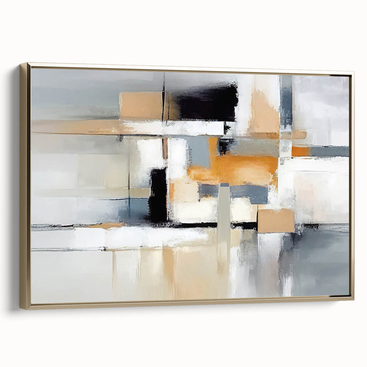 Framed abstract wall art featuring dynamic gold strokes and lines on a textured canvas, ideal for modern home decor and stylish interiors.