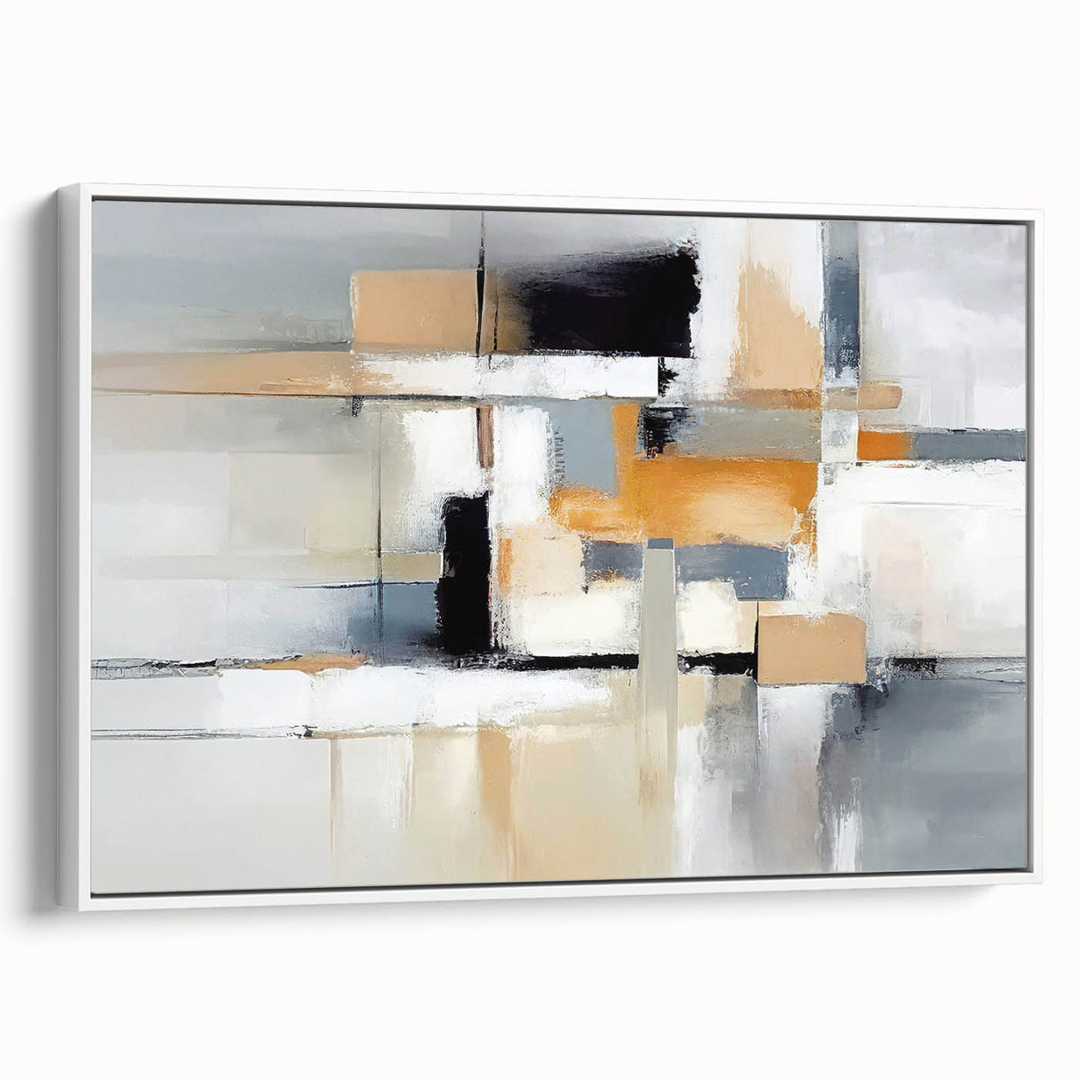 Framed abstract canvas wall art showcasing a dynamic design of colorful strokes and lines on a white background, perfect for modern decor.
