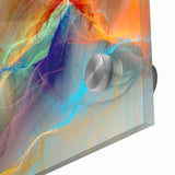 Close-up of an abstract wall art design featuring vibrant strokes and lines in turquoise, pink, and gold, perfect for modern decor.