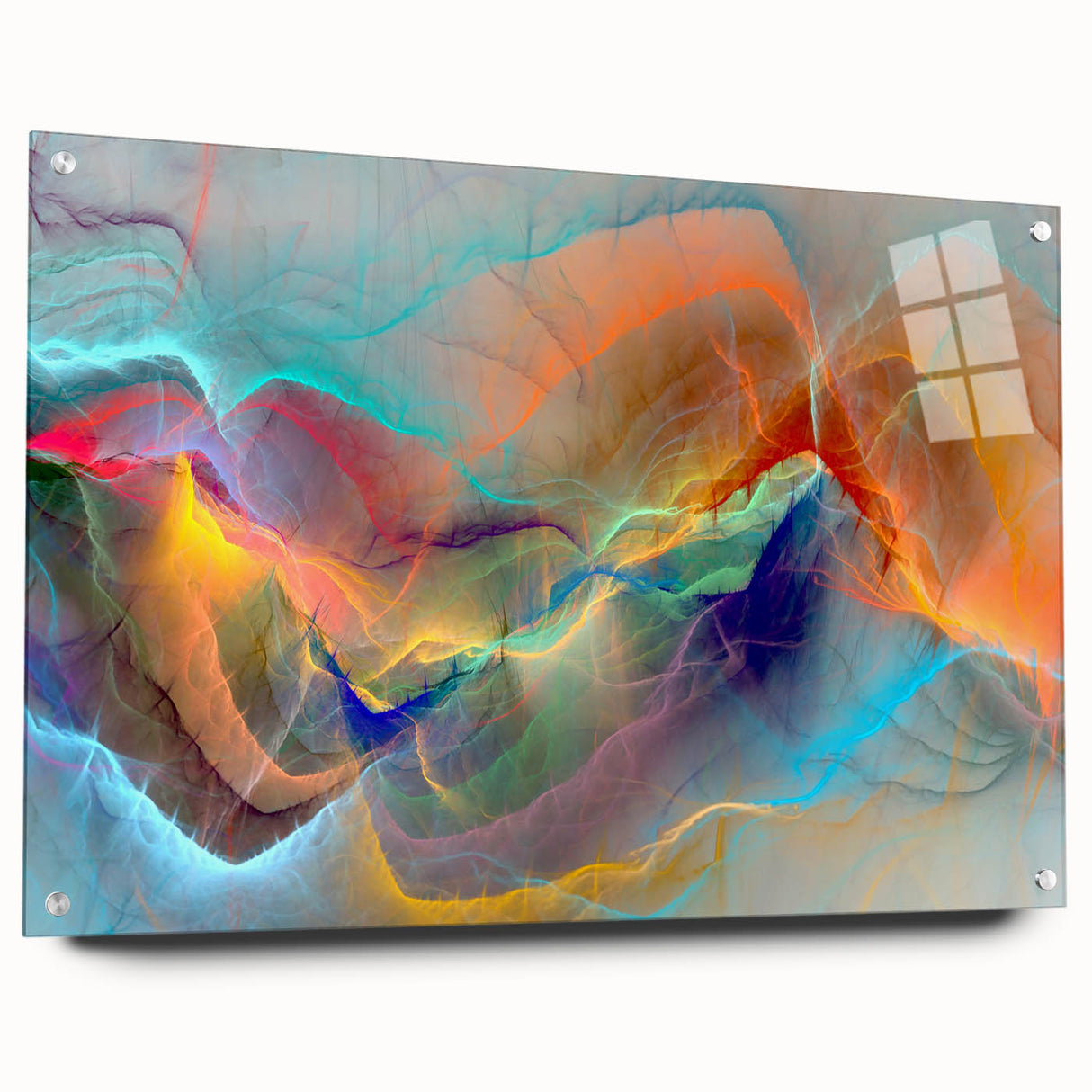 Abstract wall art featuring colorful strokes and lines in a sleek acrylic glass frame, showcasing a modern design with pin accents.