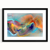 Abstract wall art print showcasing a modern design with colorful strokes and lines, framed in black with a white mat for a stylish finish.