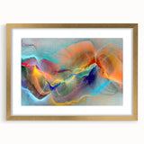 Abstract wall art design featuring vibrant strokes and lines in a gold frame with a mat, ideal for modern home decor and art enthusiasts.