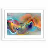 Abstract strokes and lines in muted colors create a contemporary wall art piece, framed in white with a mat, perfect for modern decor.