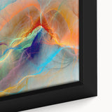 Close-up of abstract strokes and lines wall art on framed canvas, showcasing vibrant colors and intricate patterns for modern decor.