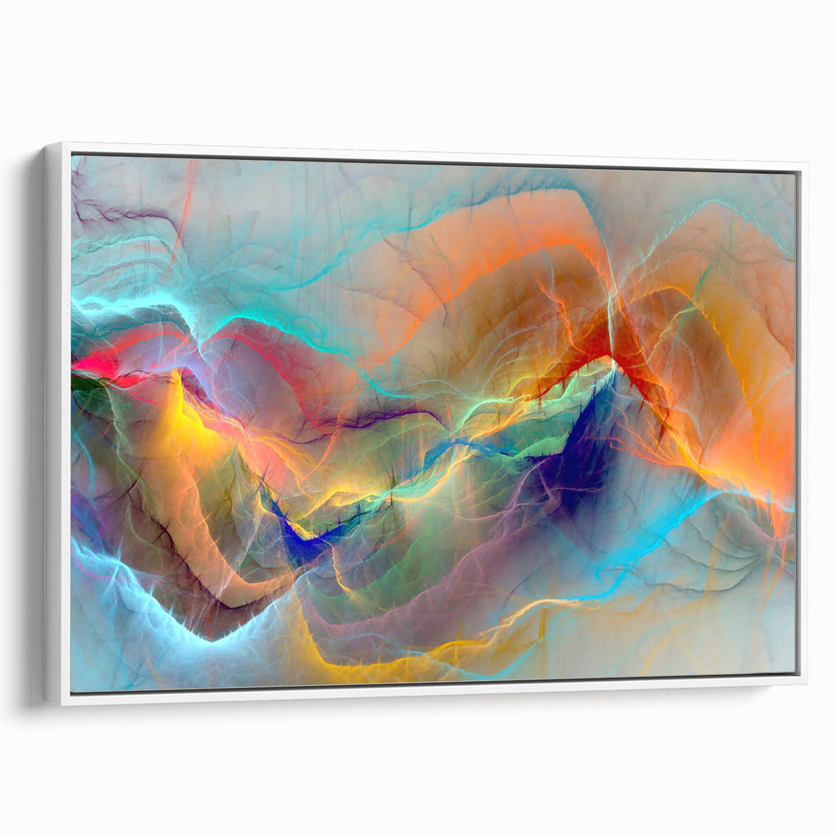 Framed abstract wall art featuring dynamic strokes and lines in vibrant colors, set against a white background, ideal for modern decor.
