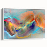 Framed abstract wall art featuring dynamic strokes and lines in vibrant colors, set against a white background, ideal for modern decor.