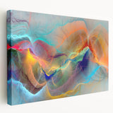Abstract wall art featuring vibrant strokes and lines in a modern design, printed on stretched canvas with a side view showcasing depth and texture.