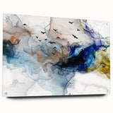 Abstract wall art featuring a colorful design of strokes and lines in varying shades, displayed in a sleek acrylic frame with pins.