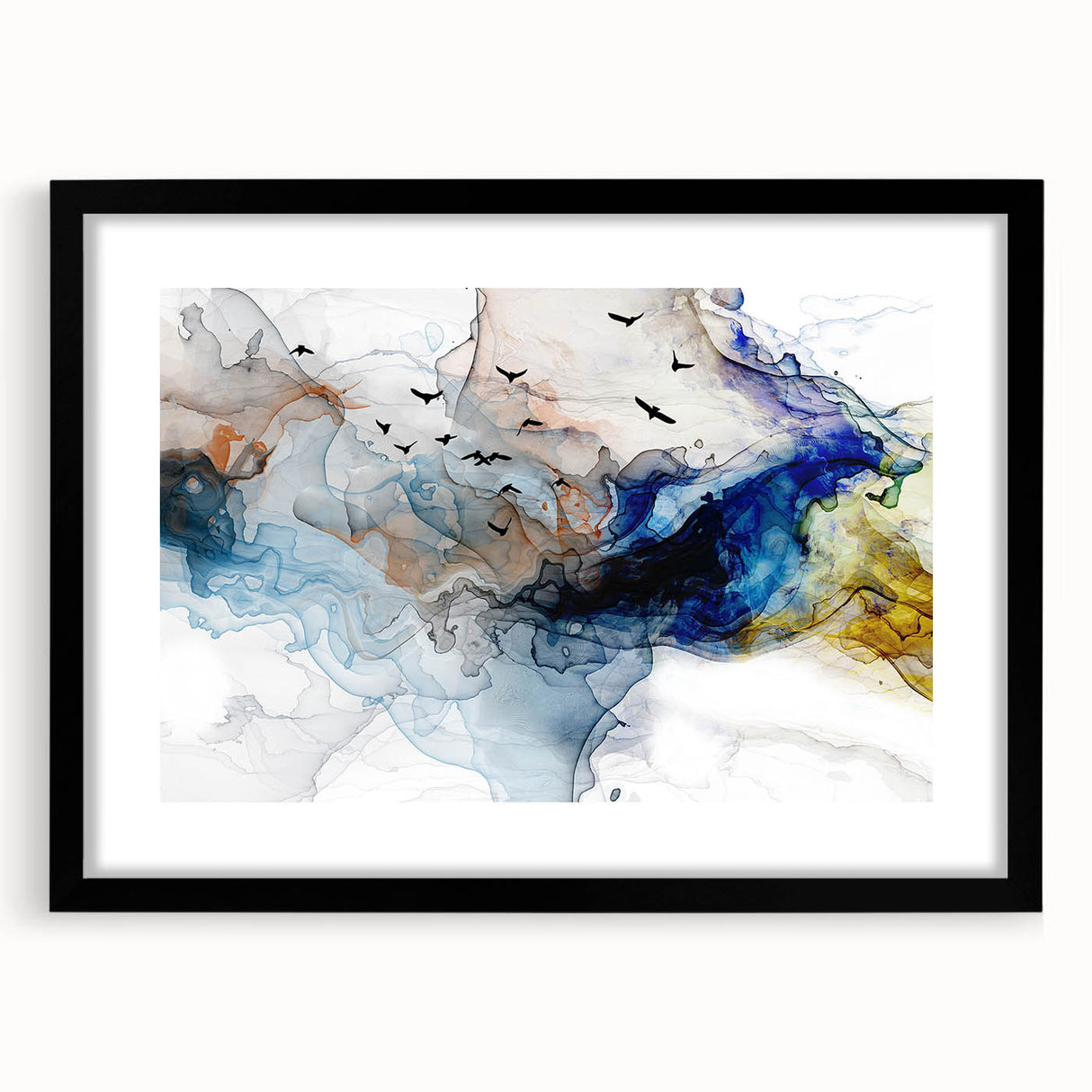 Abstract wall art print showcasing dynamic strokes and lines in a modern design, framed with a black matte for an elegant touch.