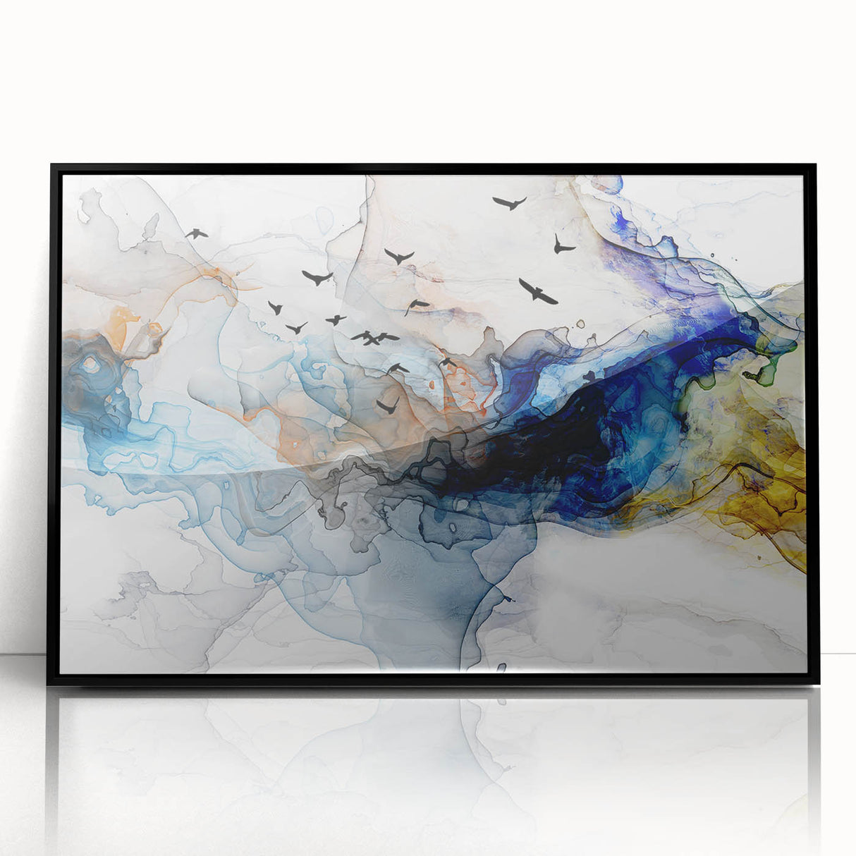Framed wall art showcasing an abstract design of colorful strokes and lines in vibrant hues, set against a sleek black frame for modern decor.