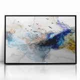 Framed wall art showcasing an abstract design of colorful strokes and lines in vibrant hues, set against a sleek black frame for modern decor.