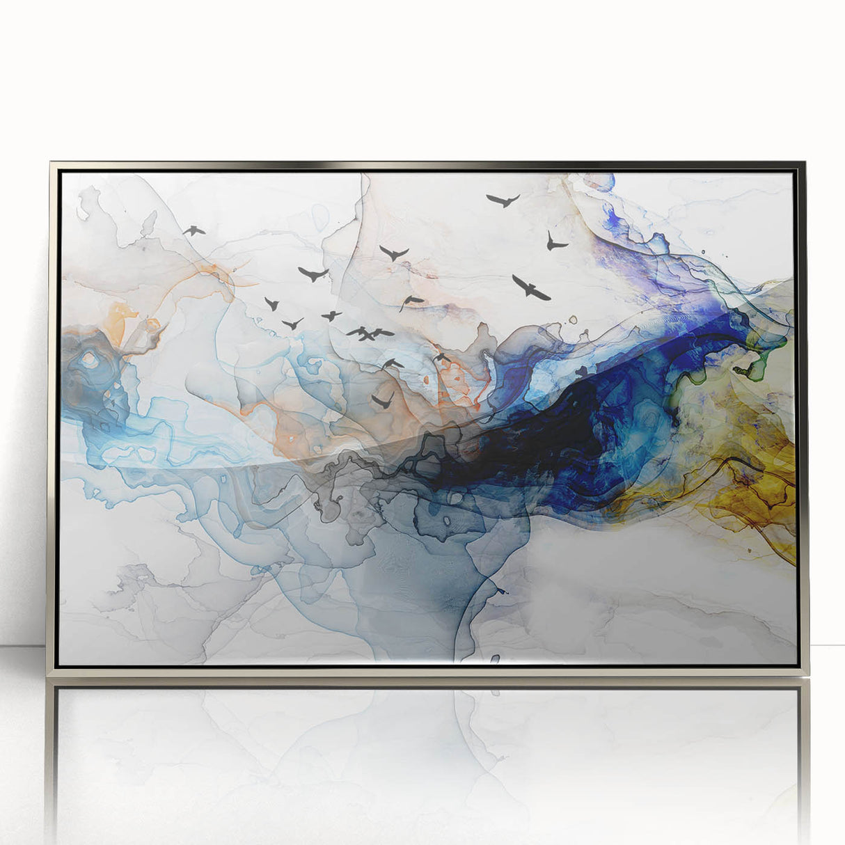 Framed abstract wall art showcasing dynamic strokes and lines in silver and grey hues, perfect for modern home decor or office spaces.